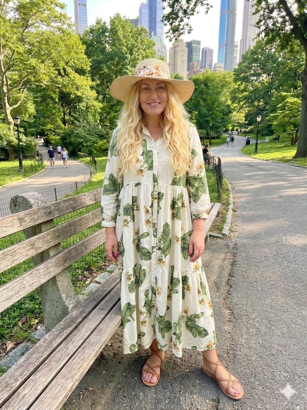 Zara Cotton Maxi Shirt Dress with Green Leaf & Yellow Floral Print